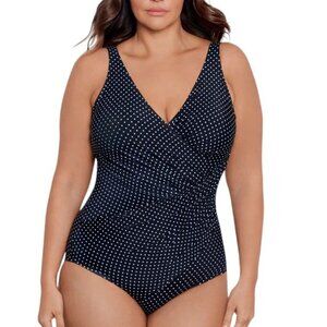 Miraclesuit Plus Size Oceanus One Piece, Pin Point, Blue/White, V-Neck, Size 22W